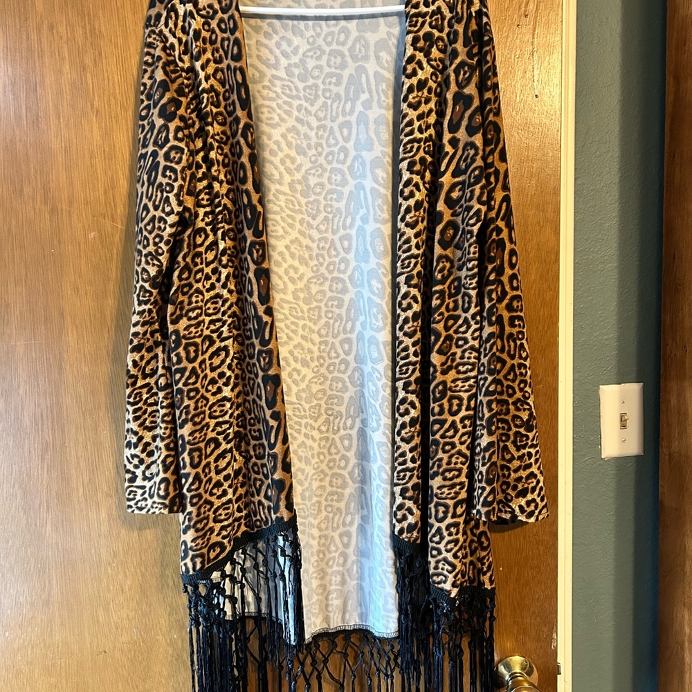 Leopard Print Cardigan with Fringe